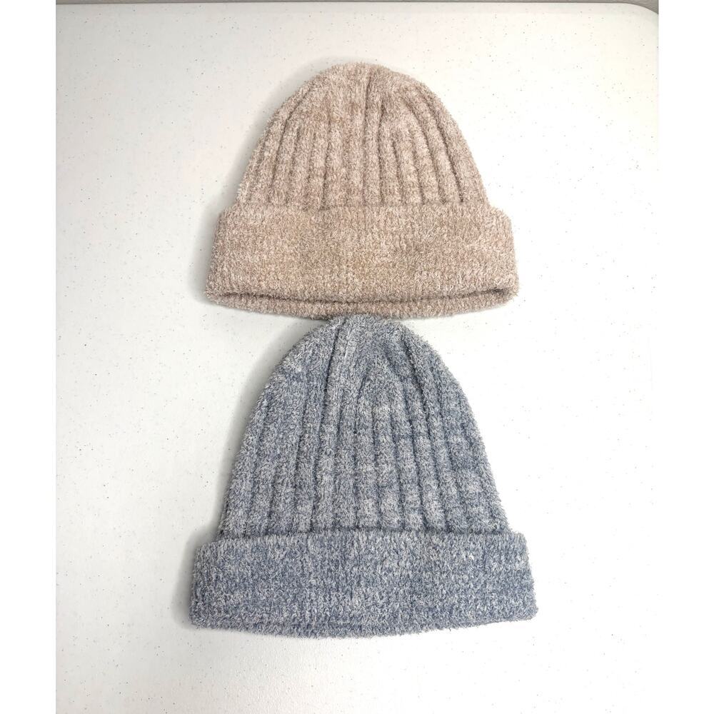 Softies Chunky Rib Marshmallow Beanie Cap lot of 2 Blue Beige Cozy Cabincore - Picture 3 of 7